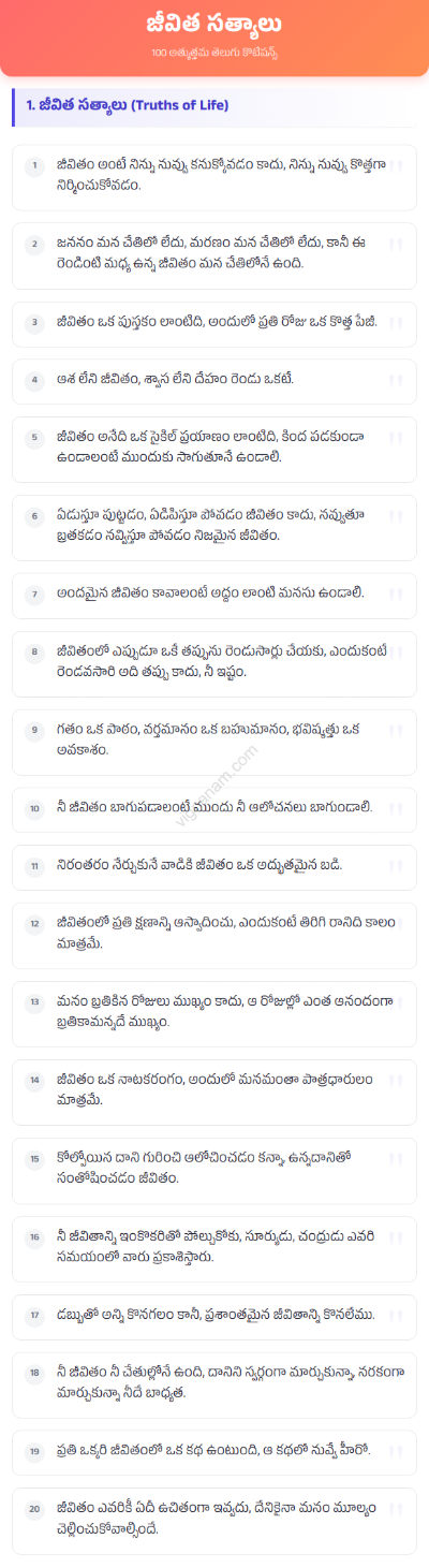 Jeevitha Sathyaalu: 100 Best Telugu Quotes on the Truths of Life
